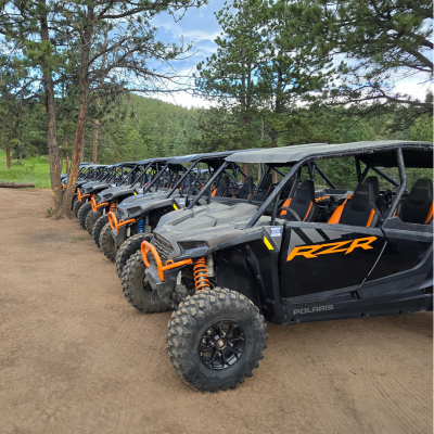 Backbone Adventures - Group Page - Row of ATVs 400px ATVs wait by the trail for large group rentals at Backbone Adventures